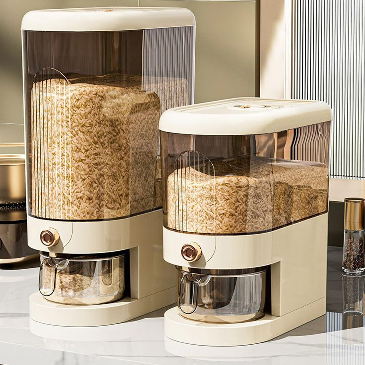 Peaoop rice dispenser front view shows sturdy PP construction for long-term kitchen storage and easy access.