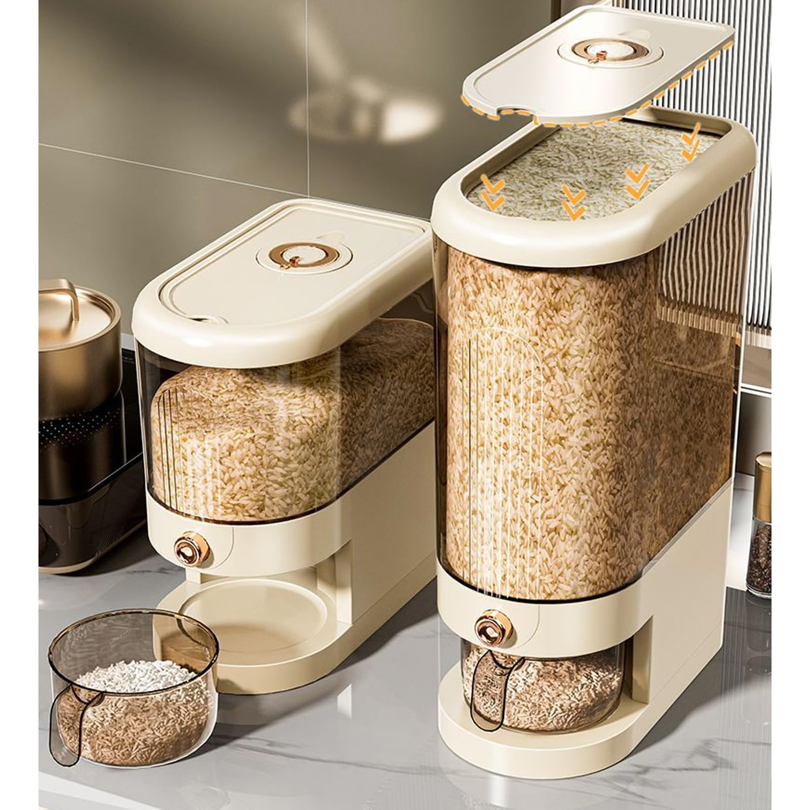 Peaoop rice dispenser lid and measuring cylinder enable precise, mess-free portions.