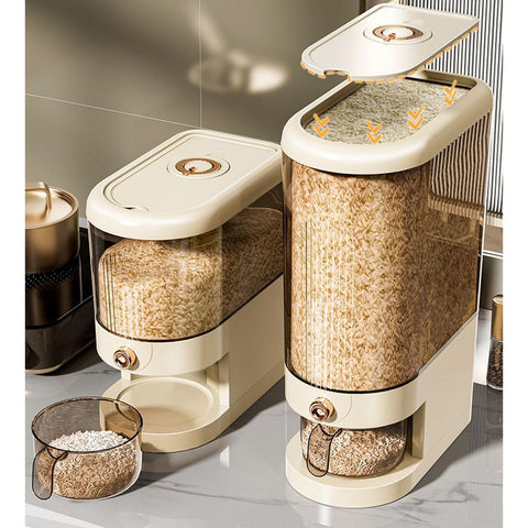 Peaoop rice dispenser lid and measuring cylinder enable precise, mess-free portions.