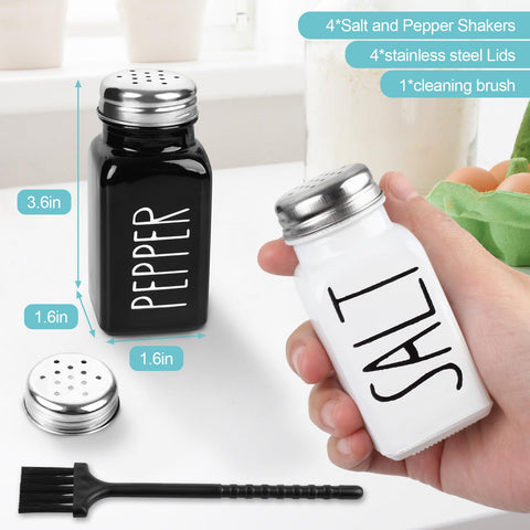 PECULA salt and pepper shakers on kitchen counter showing black white contrast
