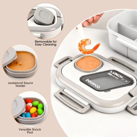 PEDECO three-compartment base keeps main, sides, and snacks separated.