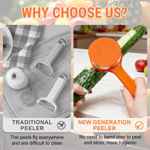 Peeler with built-in shavings catcher keeps work surface clean.