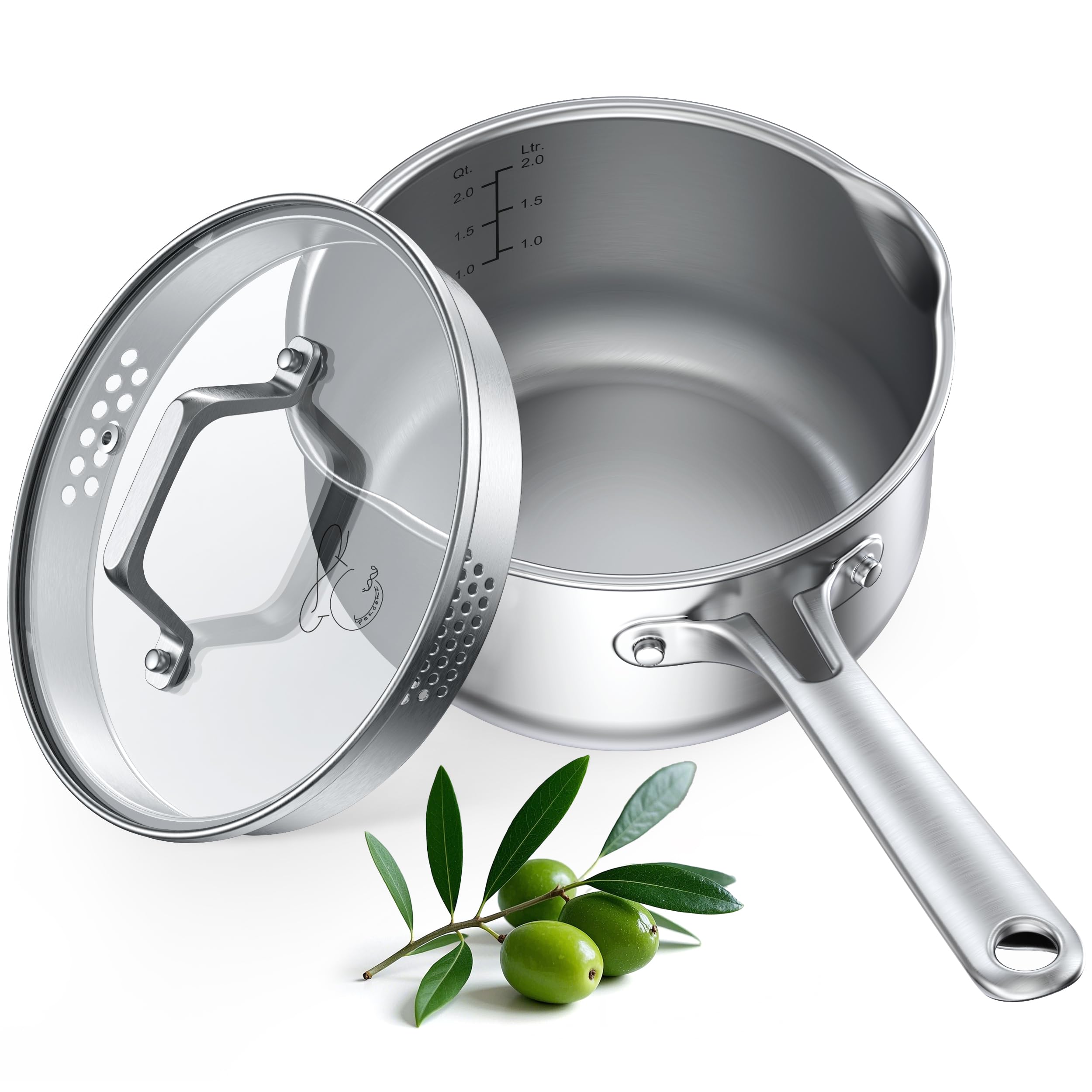 PekGema 2.5-quart stainless saucepan with glass strainer lid for easy draining.