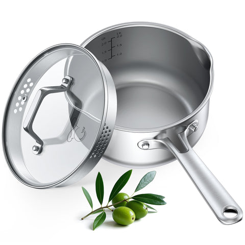 PekGema 2.5-quart stainless saucepan with glass strainer lid for easy draining.