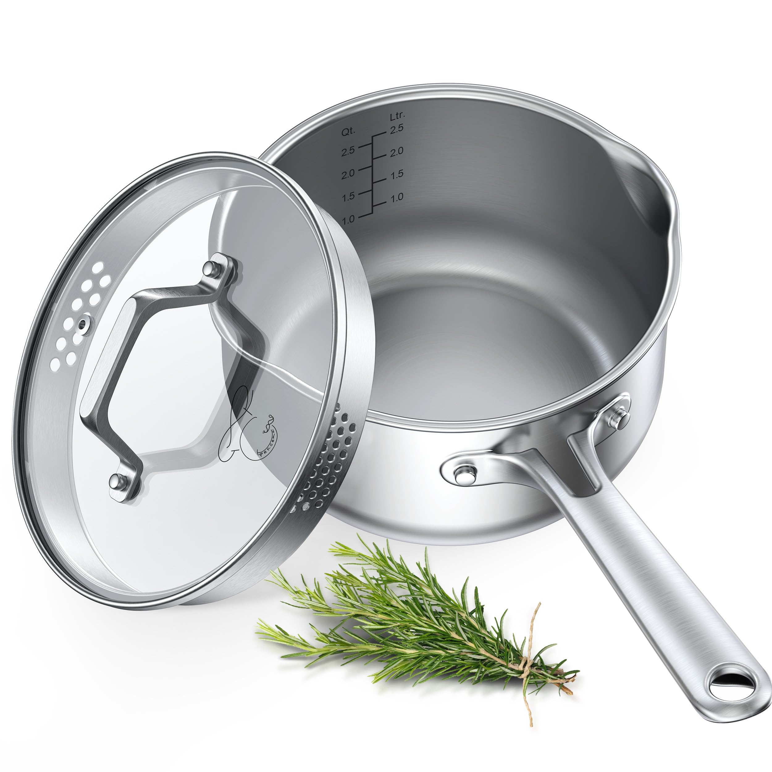 PekGema 3qt stainless steel saucepan with glass strainer lid for easy draining