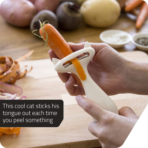 CatPeeler tongue-out detail adds whimsy while peeling vegetables.