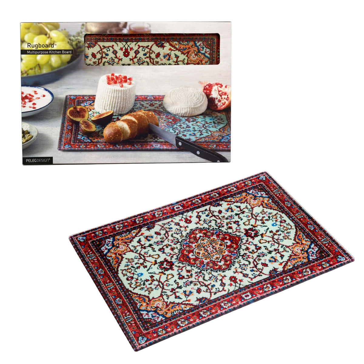 PELEG DESIGN Rugboard cutting board front view shows decorative glass surface ideal for prep and display.