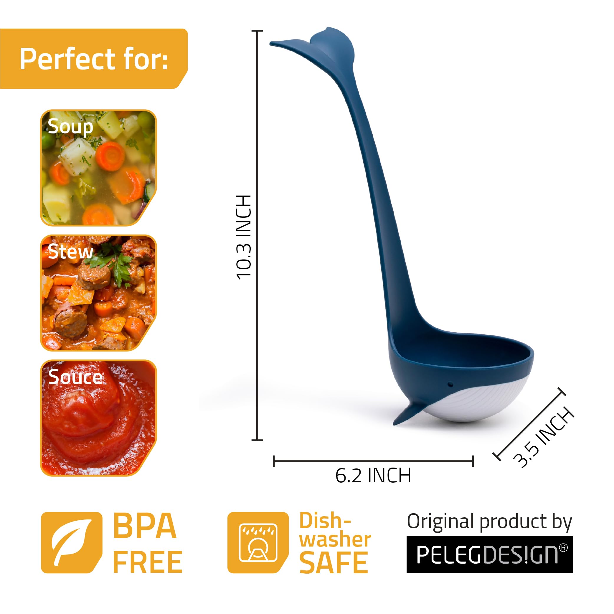 PELEG DESIGN Souper Tail ladle serving soup with whimsical whale design