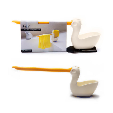 Pelix sponge and cloth holder with suction cup keeps counters tidy and dry.
