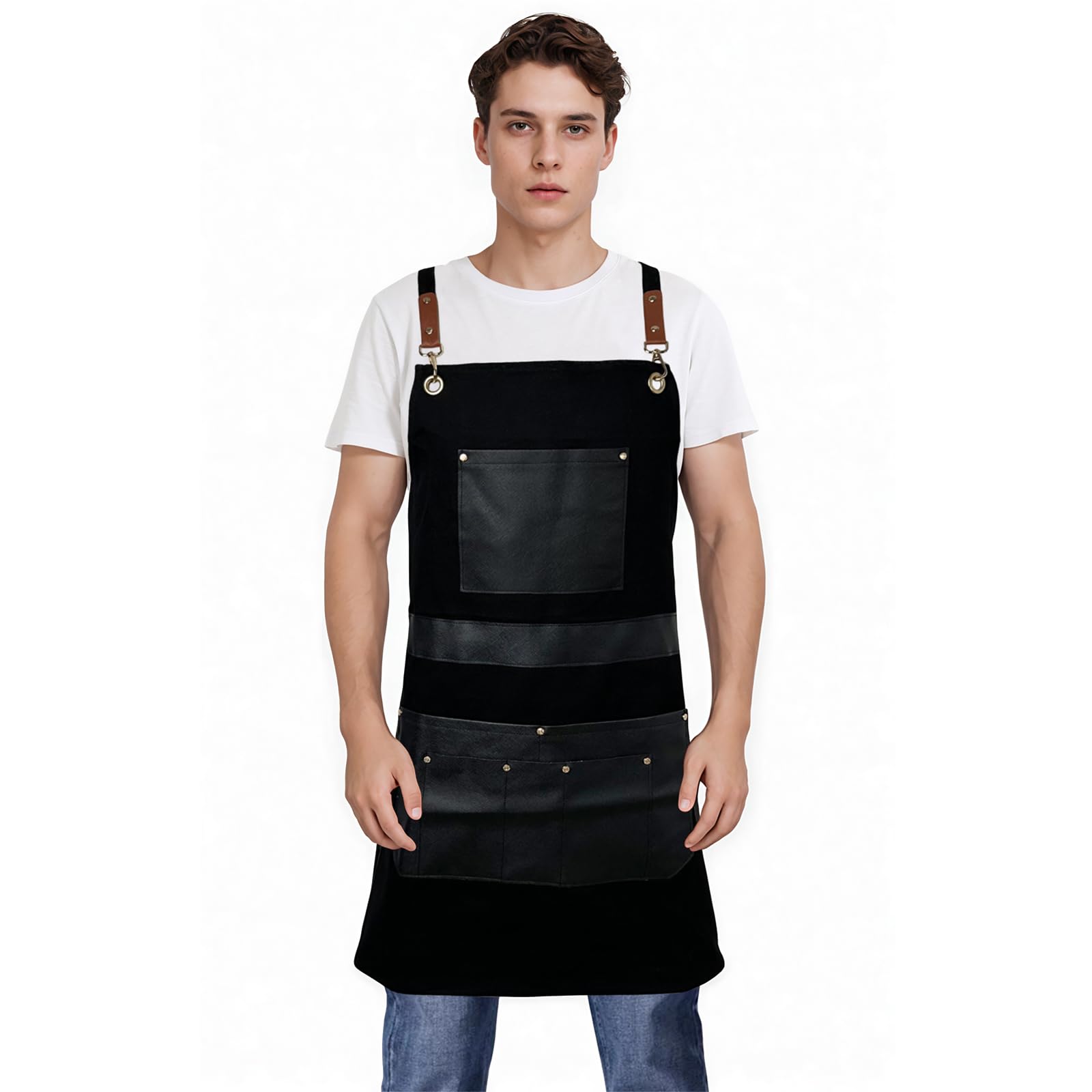 Pelocapa barber apron in black with a waterproof canvas finish for durable salon wear