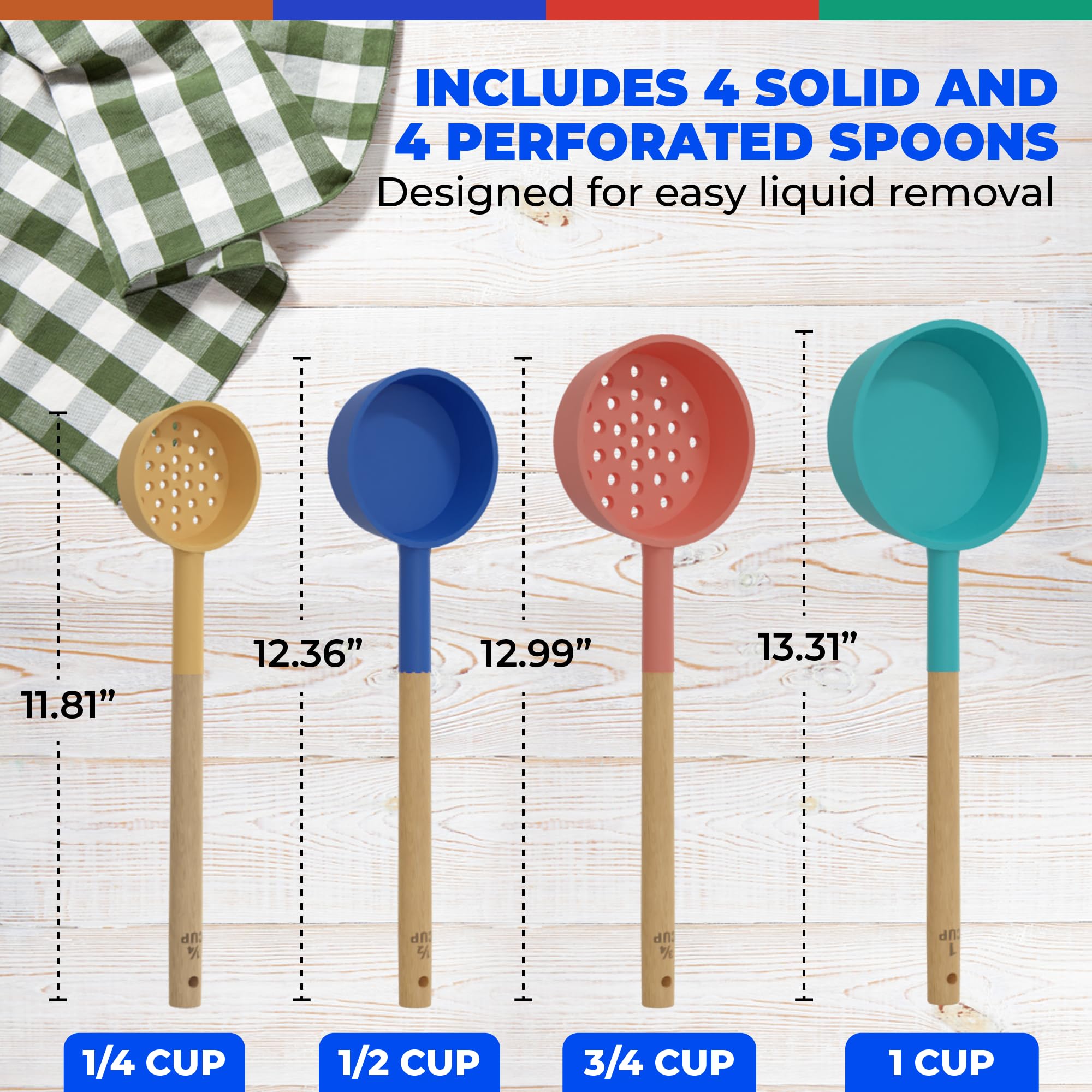 Pelto silicone spoons showing slotted and solid designs for versatile portioning