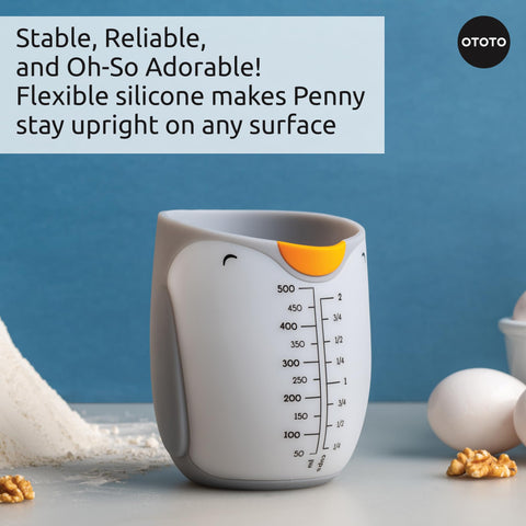 Penny Penguin pour spout ensures controlled liquid flow during baking.