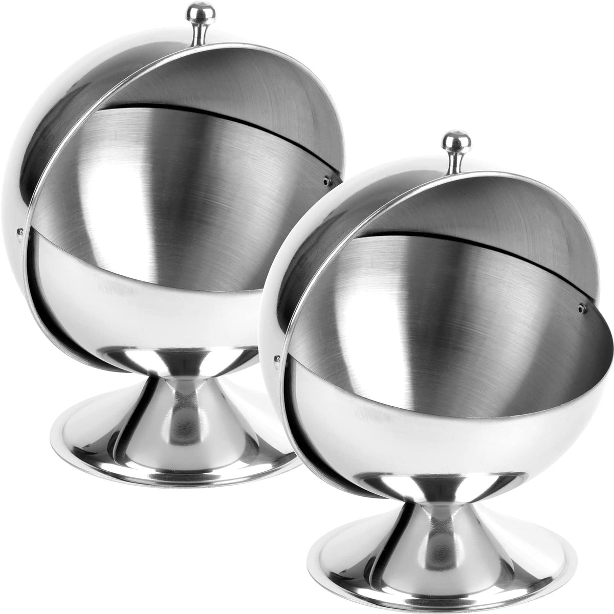 Peohud two-pack stainless steel sugar bowls with roll-top lids on countertop.