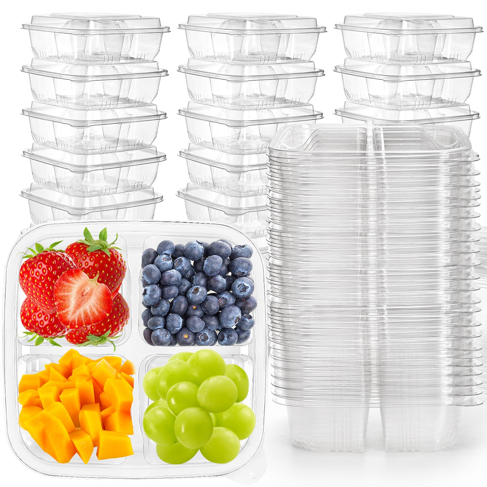 Peohud 50-pack clear bento containers with four compartments for organized meals.