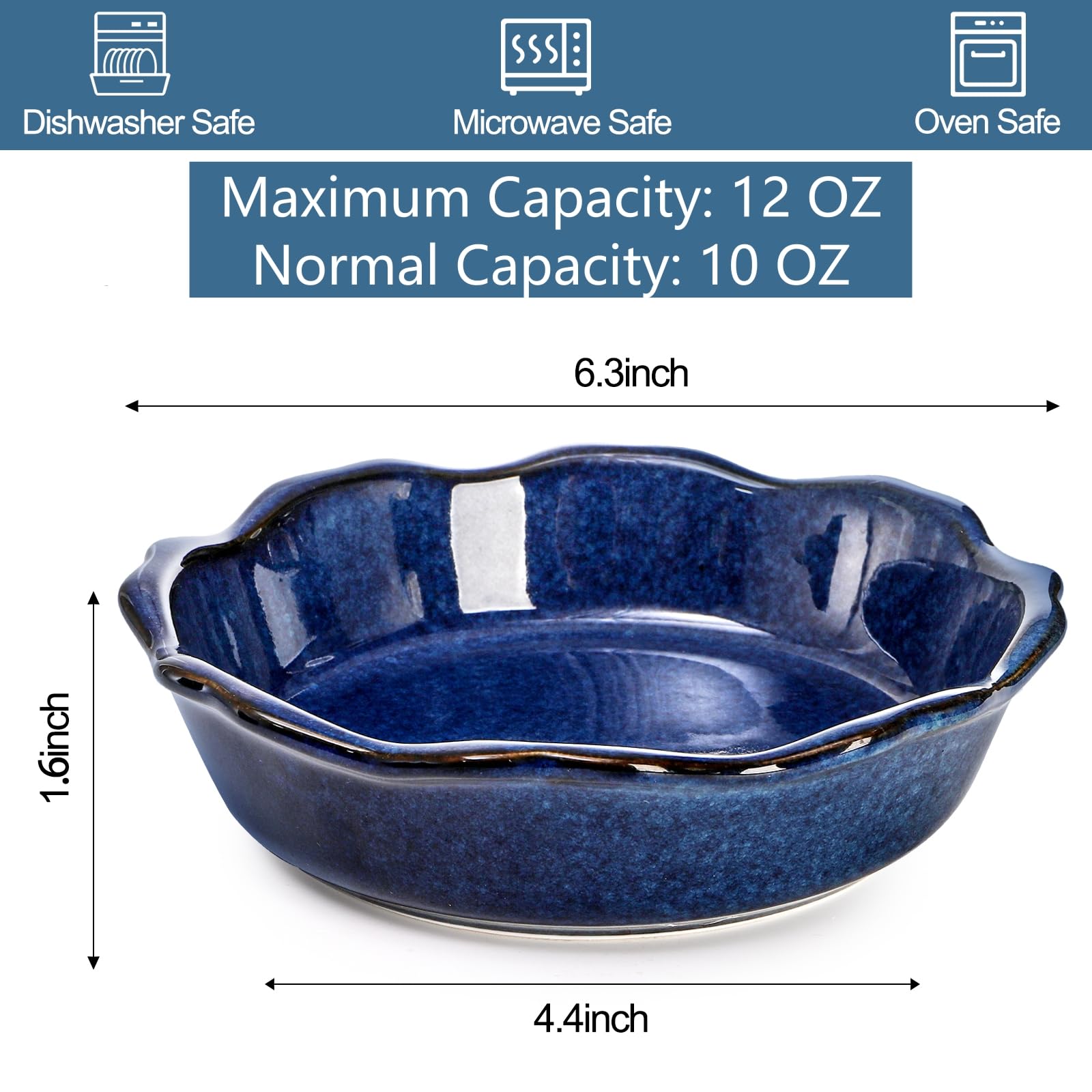 Peohud blue 6-inch pie plate designed for neat single servings.