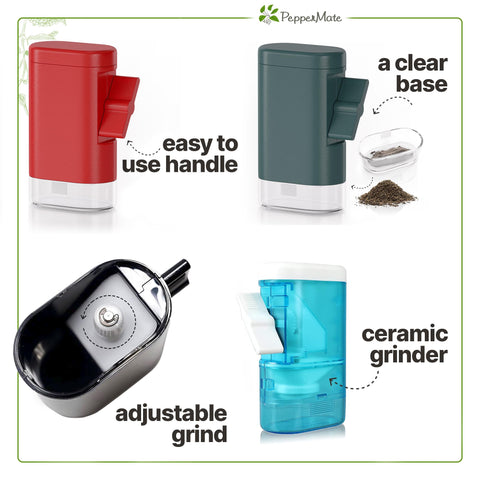 PepperMate adjustable coarseness via twist mechanism for fine to coarse grind.