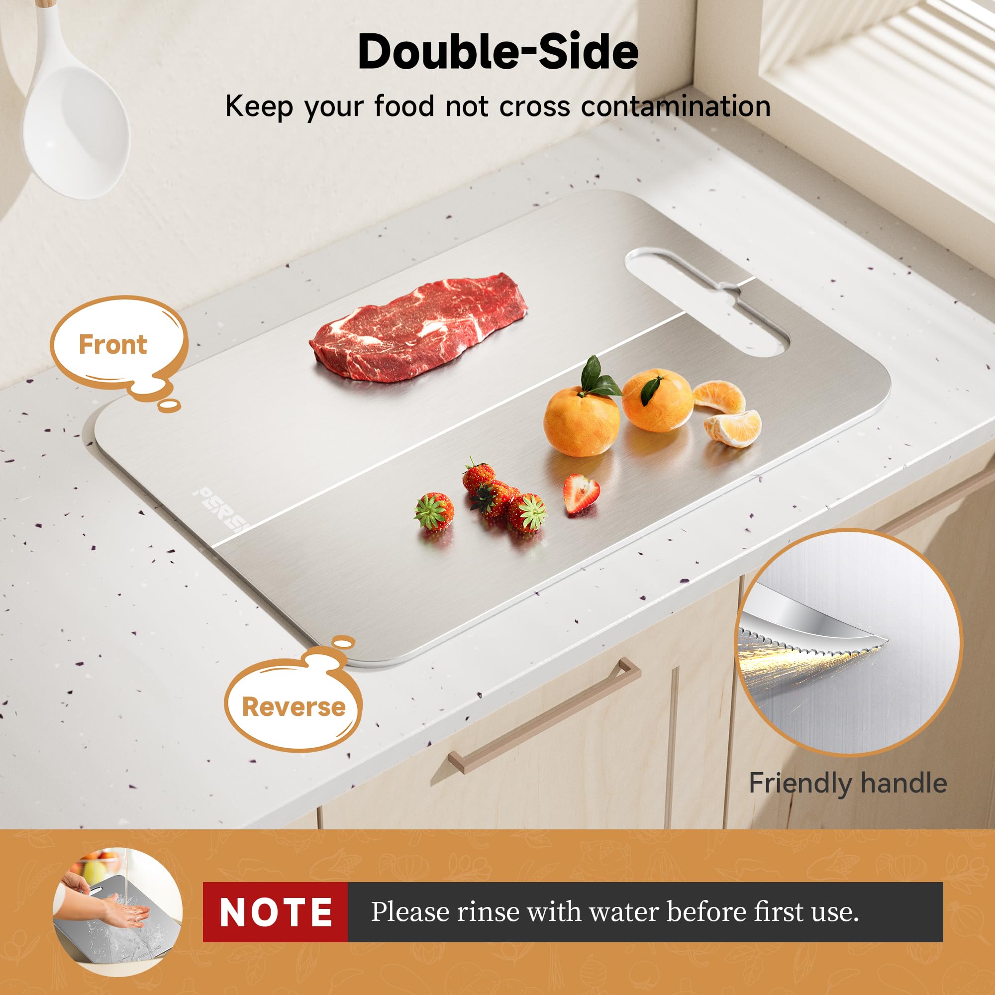 Perehome dual-sided board helps keep meats and produce separate.