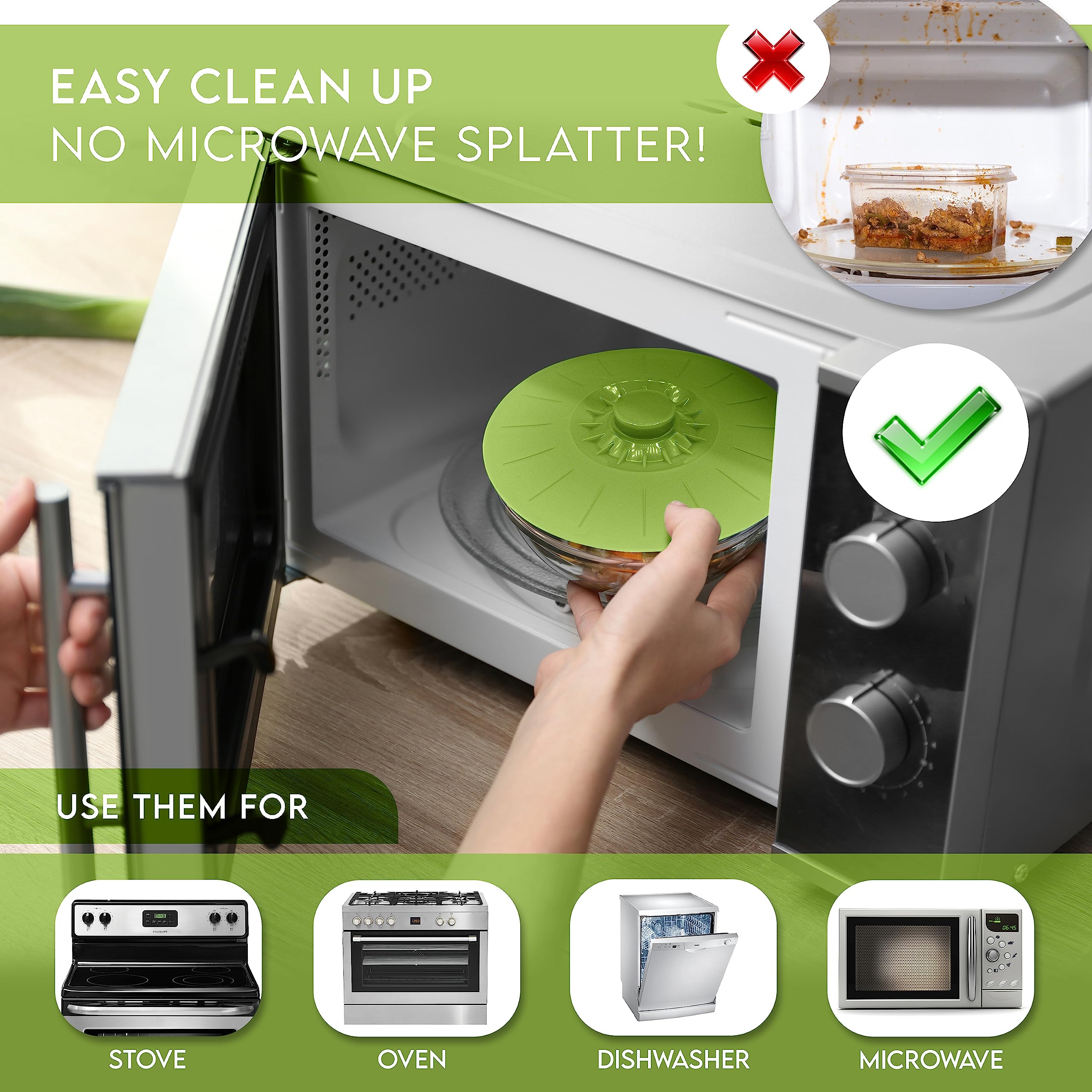 Perfect and Simple green lids fit pots and mugs for microwave use.