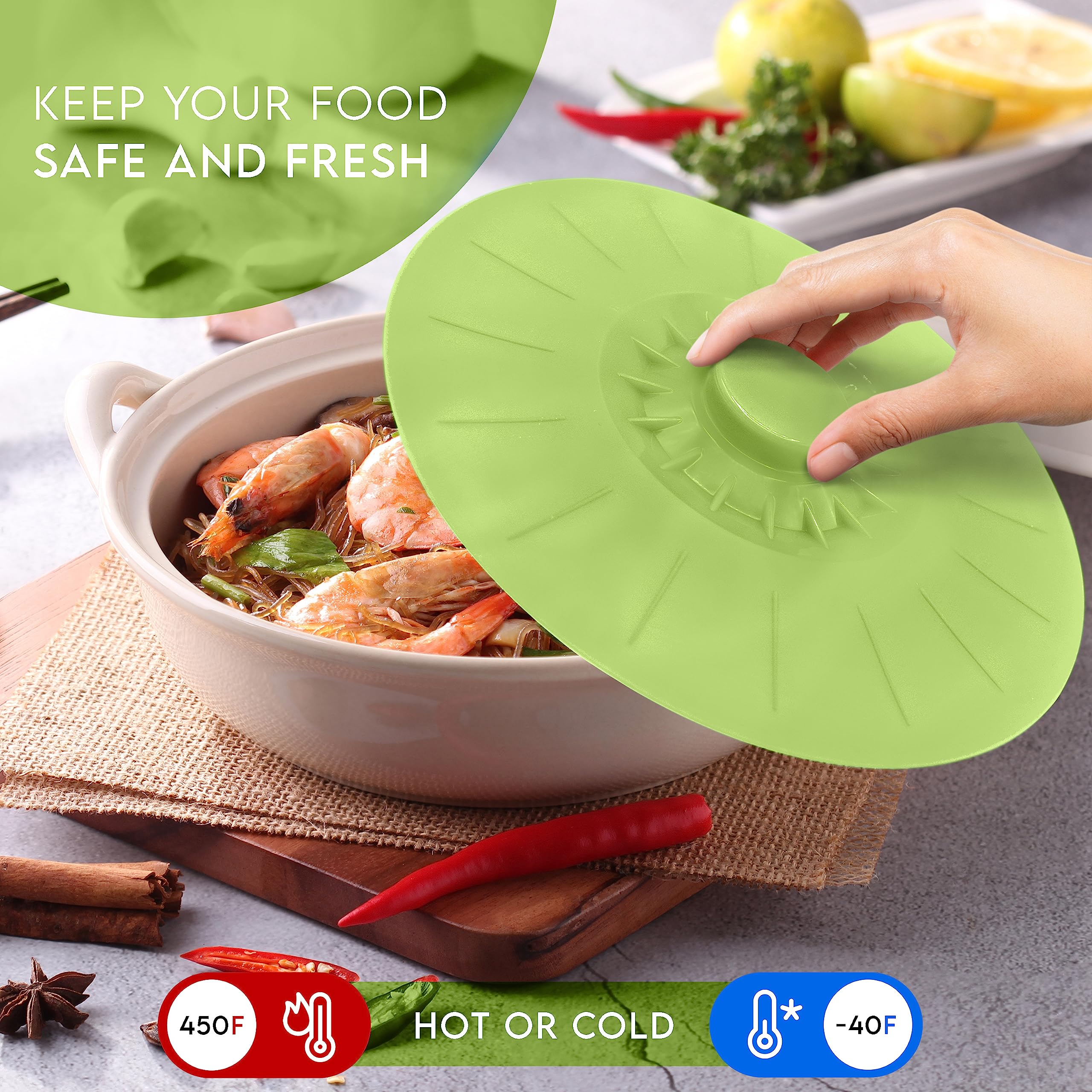 Perfect and Simple lids with interlocking handles close securely on cups and bowls.