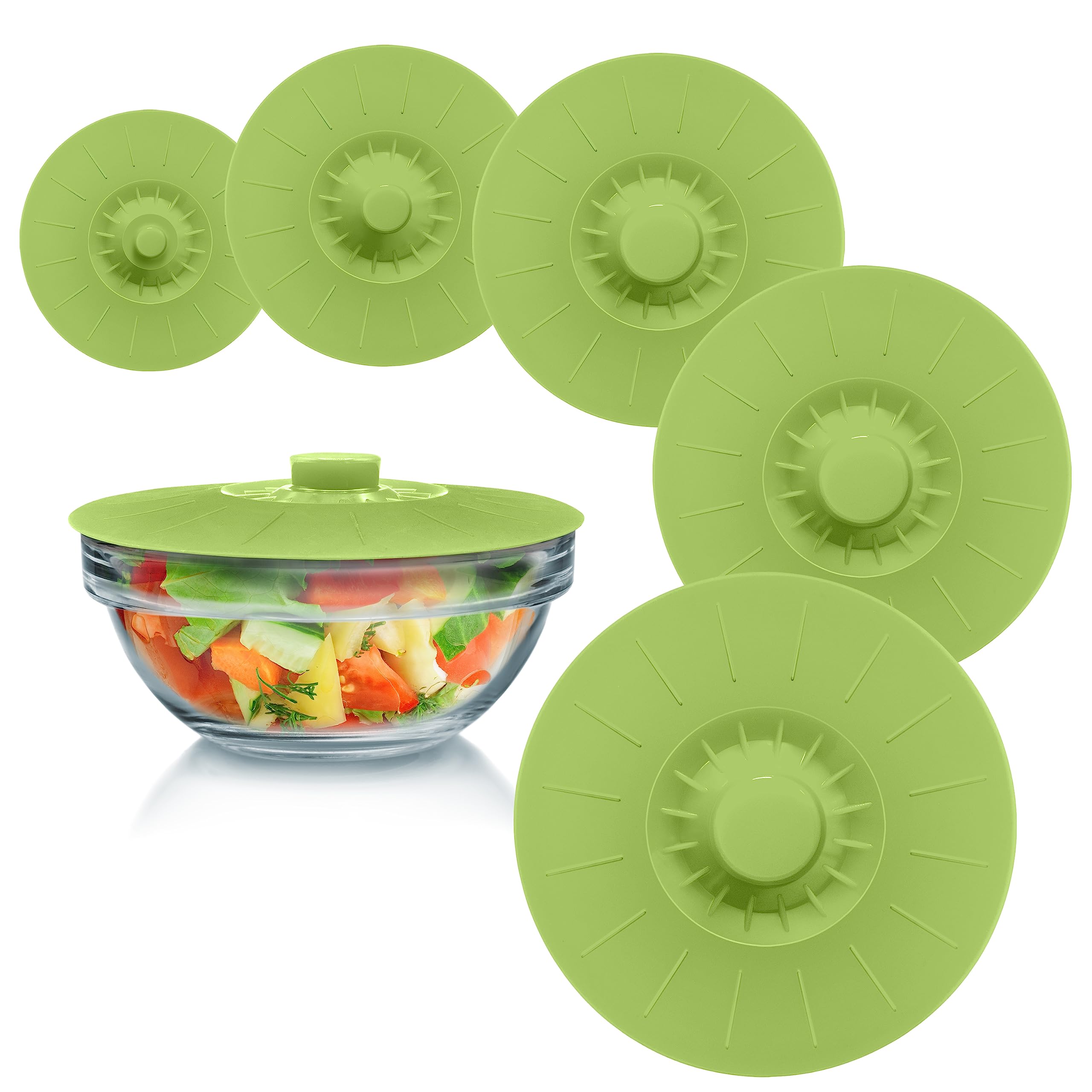 Perfect and Simple green silicone bowl lids on bowls for reusable seal and freshness.