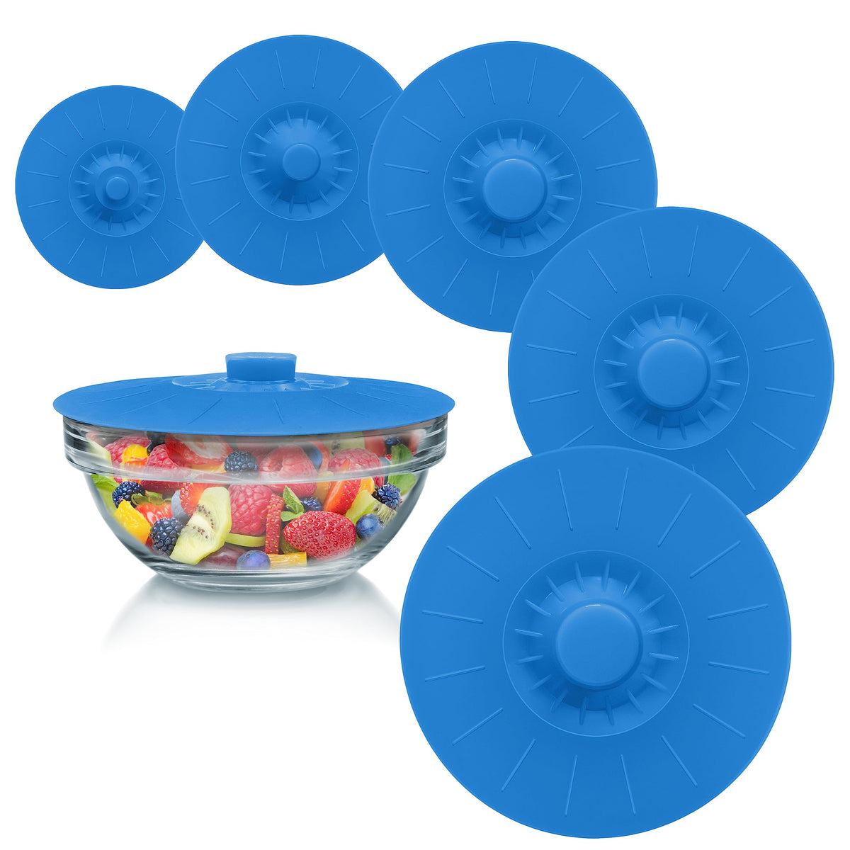 Perfect and Simple blue silicone lid seals bowls to keep leftovers fresh.