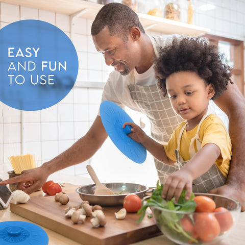 Perfect and Simple universal-fit blue lids cover bowls, mugs, pots.