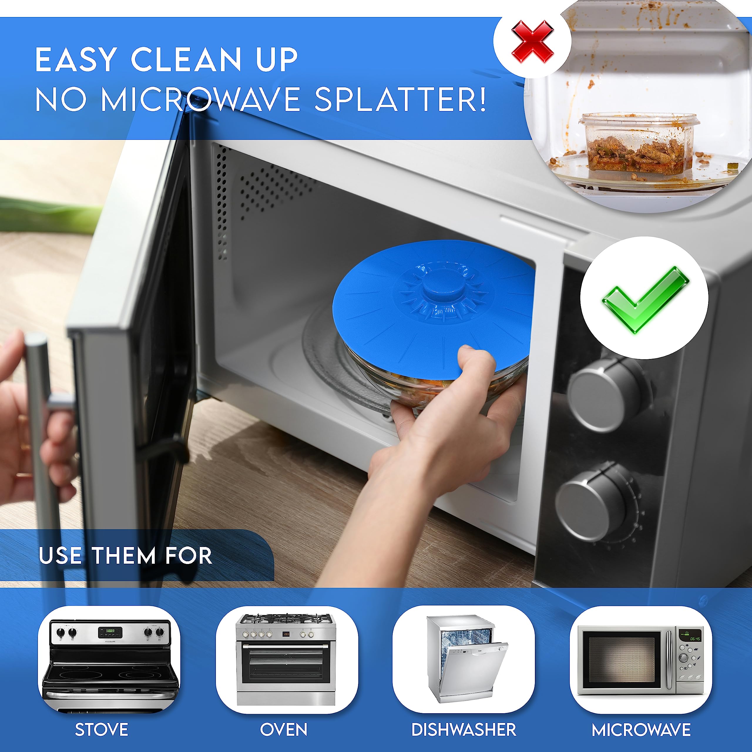 Perfect and Simple blue silicone suction seals securely during microwave cooking.