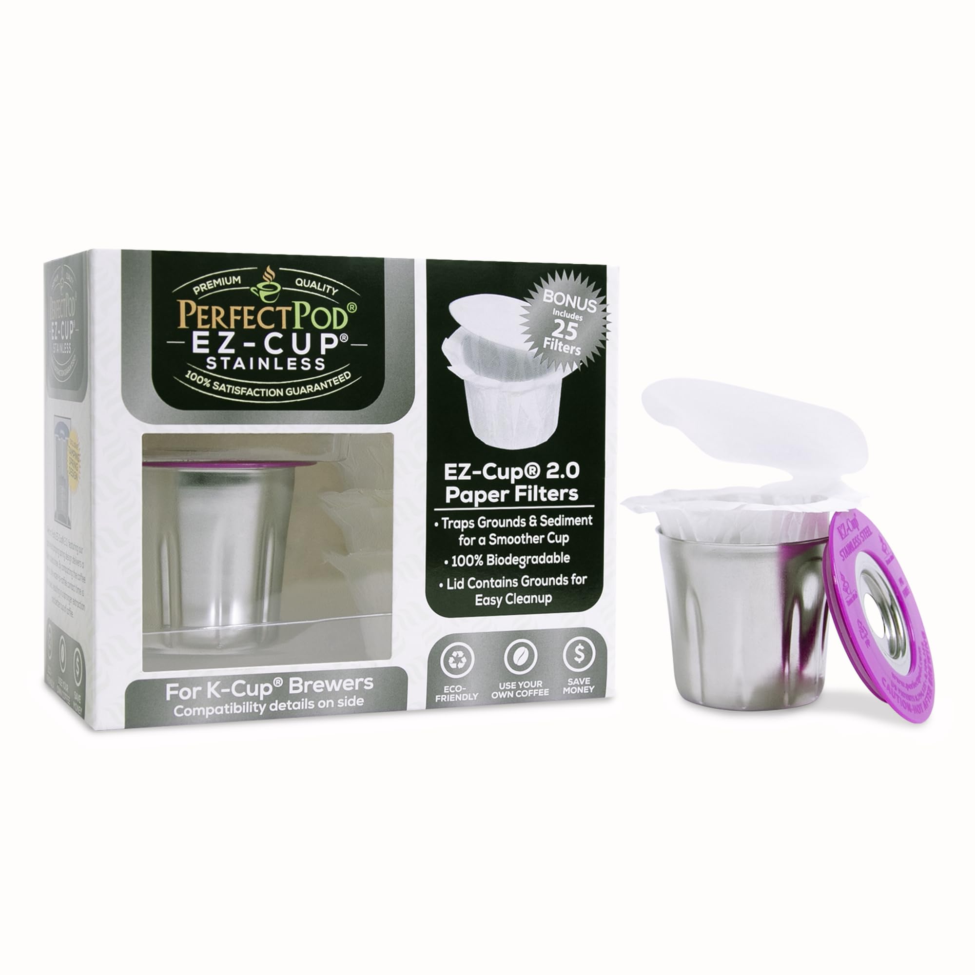 Perfect Pod EZ-Cup stainless-steel pod for reusable home brewing and fresh coffee.
