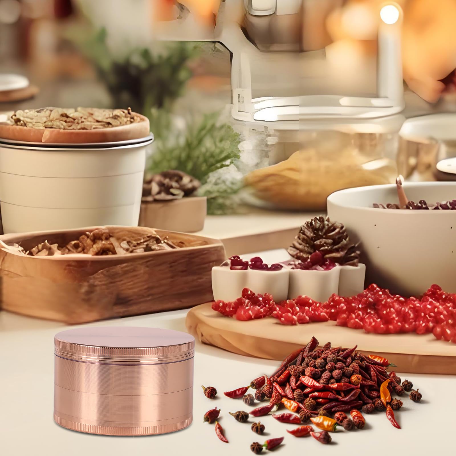 Perfekitsup Spice Grinder Rose Gold magnetic lid reduces spills.