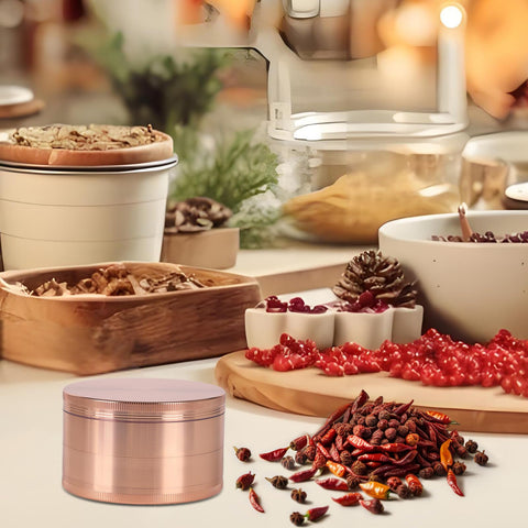 Perfekitsup Spice Grinder Rose Gold magnetic lid reduces spills.
