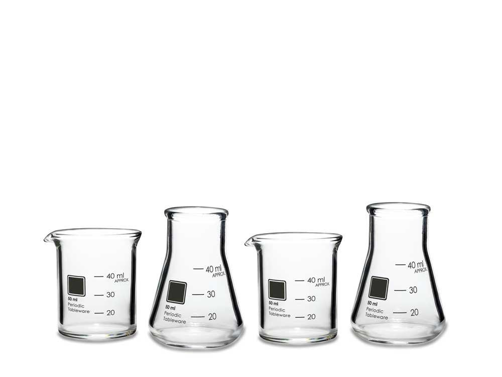 Periodic Tableware lab beaker shot glasses front view show precise 40 ml pours.
