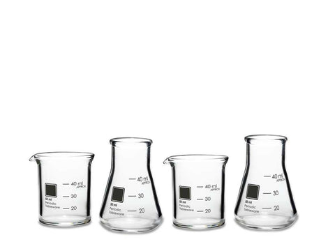 Periodic Tableware lab beaker shot glasses front view show precise 40 ml pours.