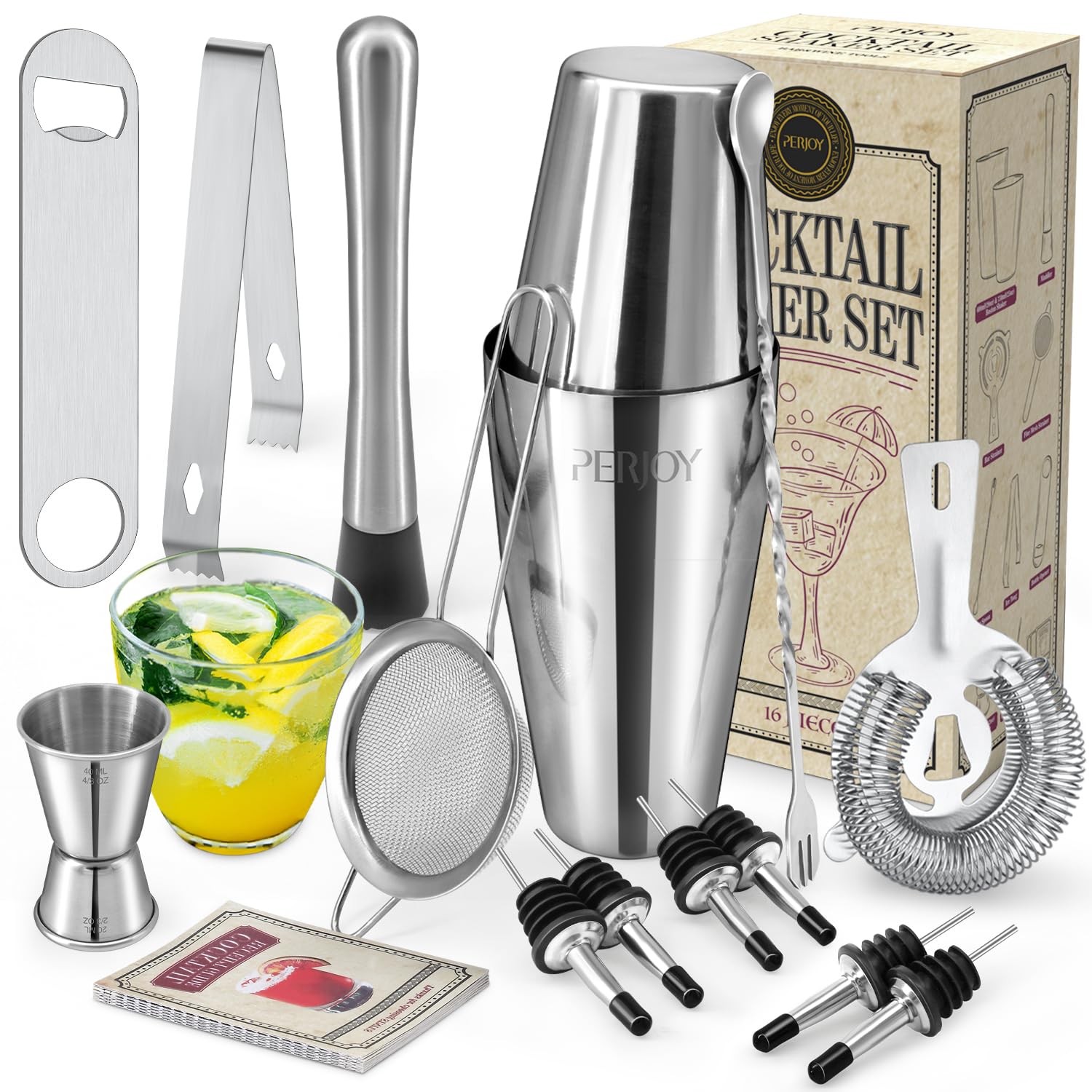 Perjoy cocktail shaker set front view with 25oz and 20oz shakers for versatile home bartending