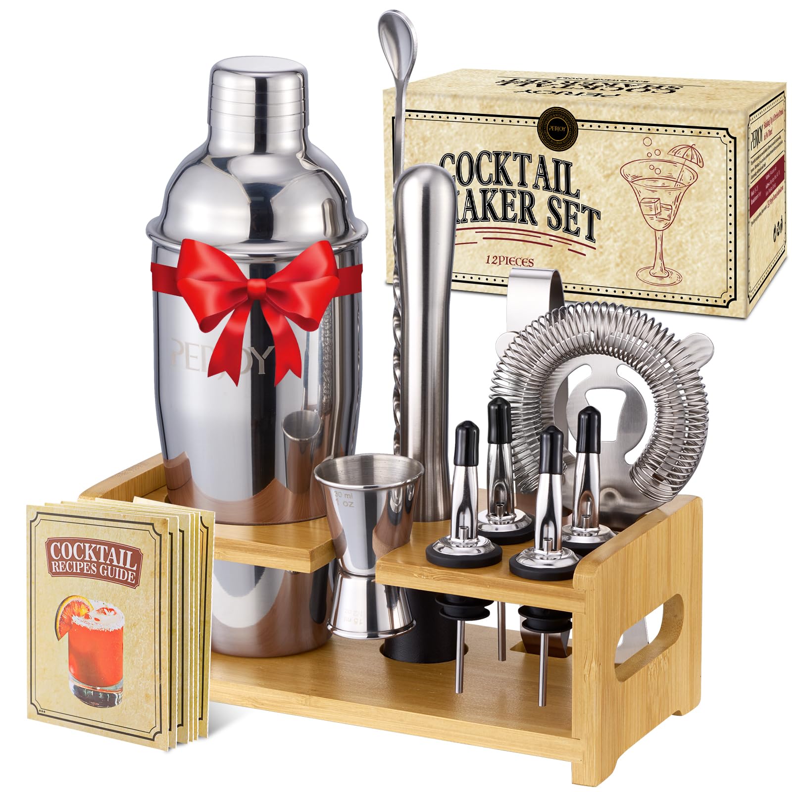 Perjoy cocktail shaker stand with tools, organized for stylish home bartending.