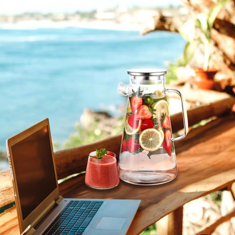 Perjoy glass pitcher iced tea pour ready for serving guests.