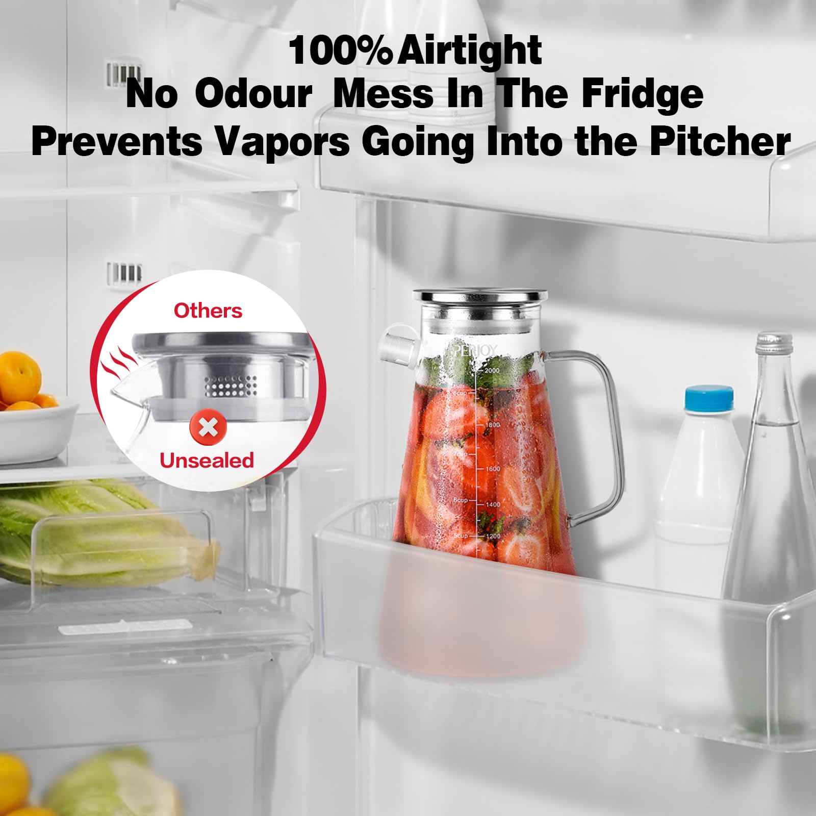 Perjoy glass pitcher leak-proof seal helps keep beverages fresh in the fridge.
