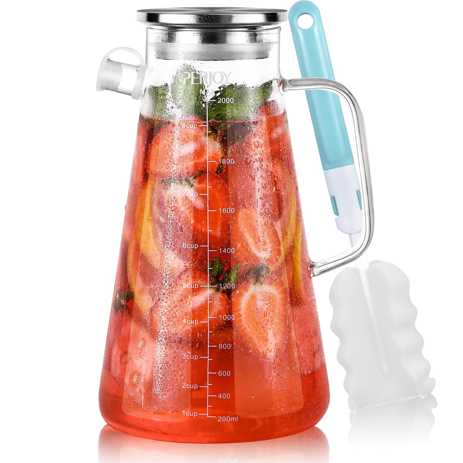 Perjoy glass pitcher lid view highlights the leak-proof design for clean pours.