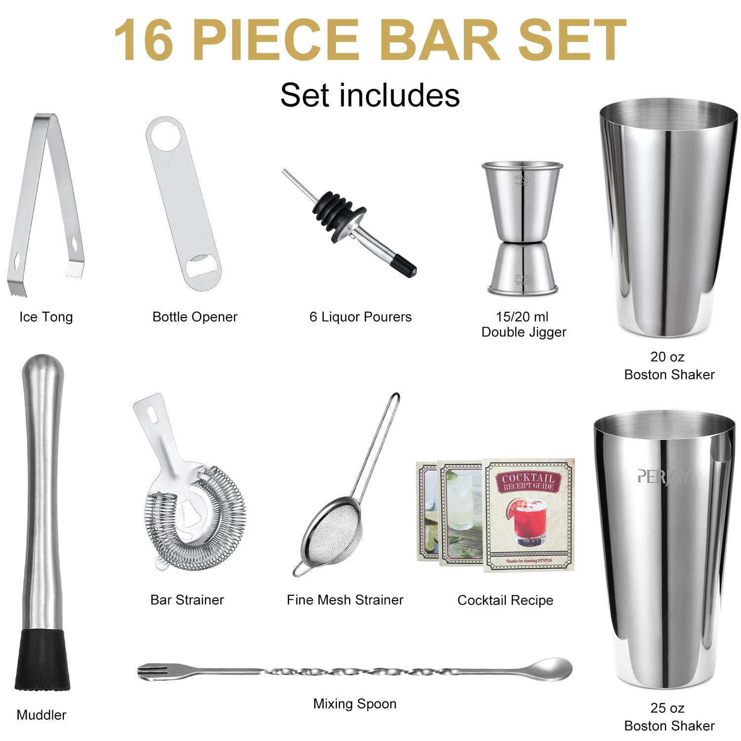 Perjoy stainless-steel bar tools for durable, rust-resistant mixing and measuring