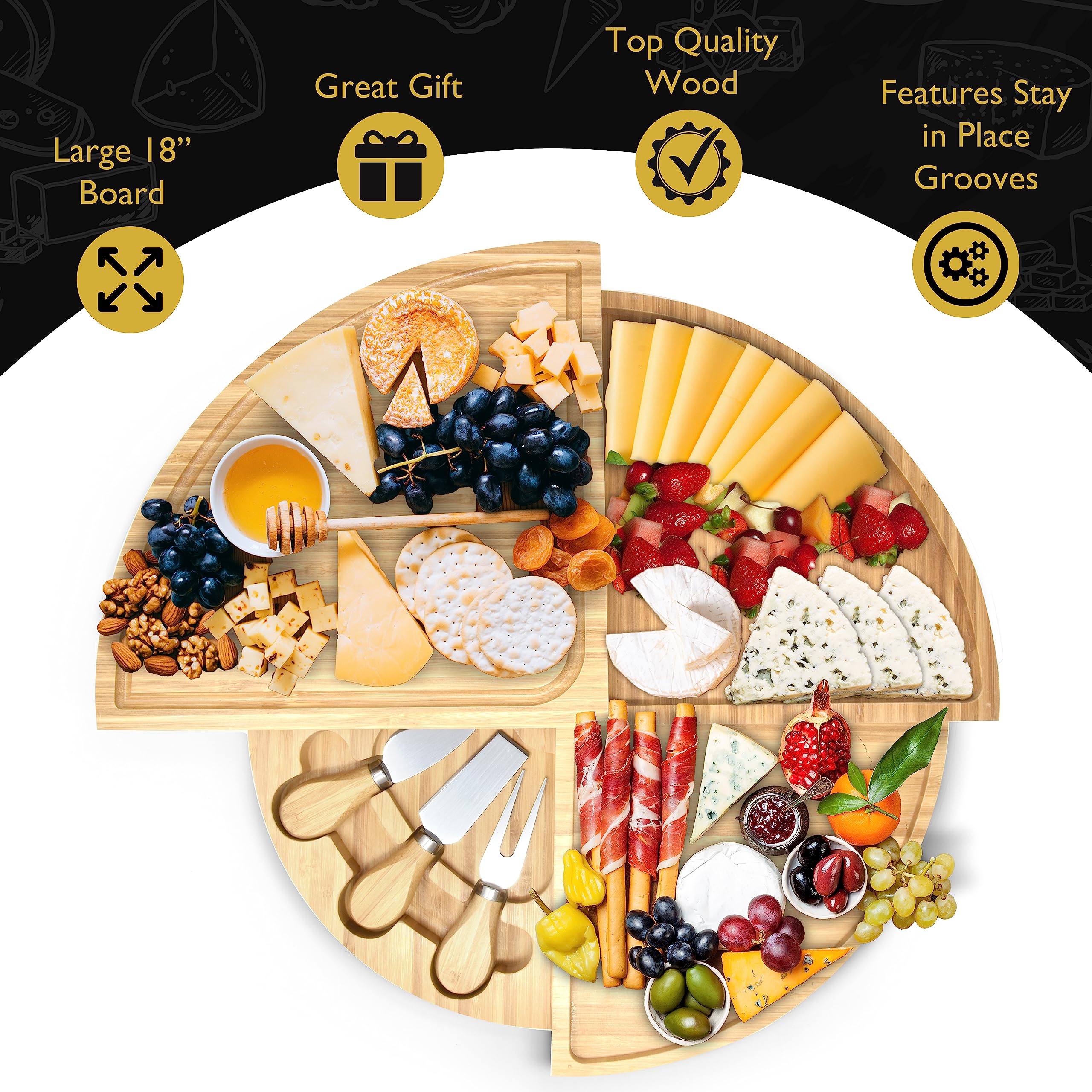 PERLLI 18-inch board laid flat showcases ample space for cheeses, crackers, and appetizers.