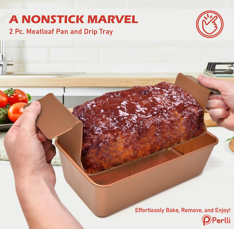 PERLLI meat loaf pan-drip-tray-insert image demonstrates drainage for leaner meat.