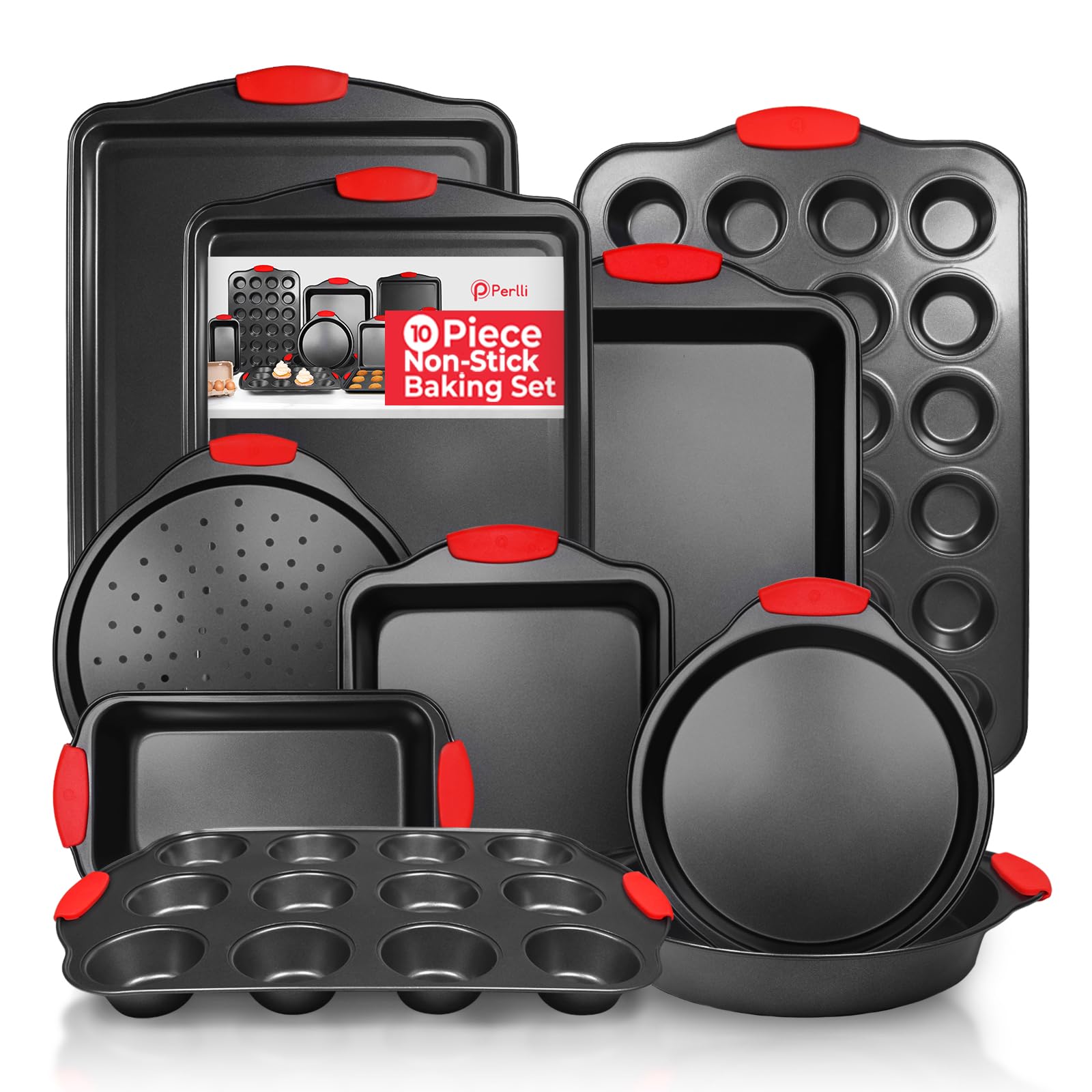 PERLLI 10-piece bakeware set hero shot for easy release and versatility.