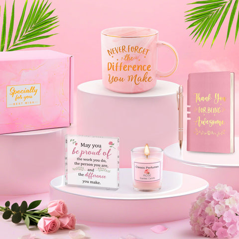 Perpetily pink and gold gift box designed for coworker gifts