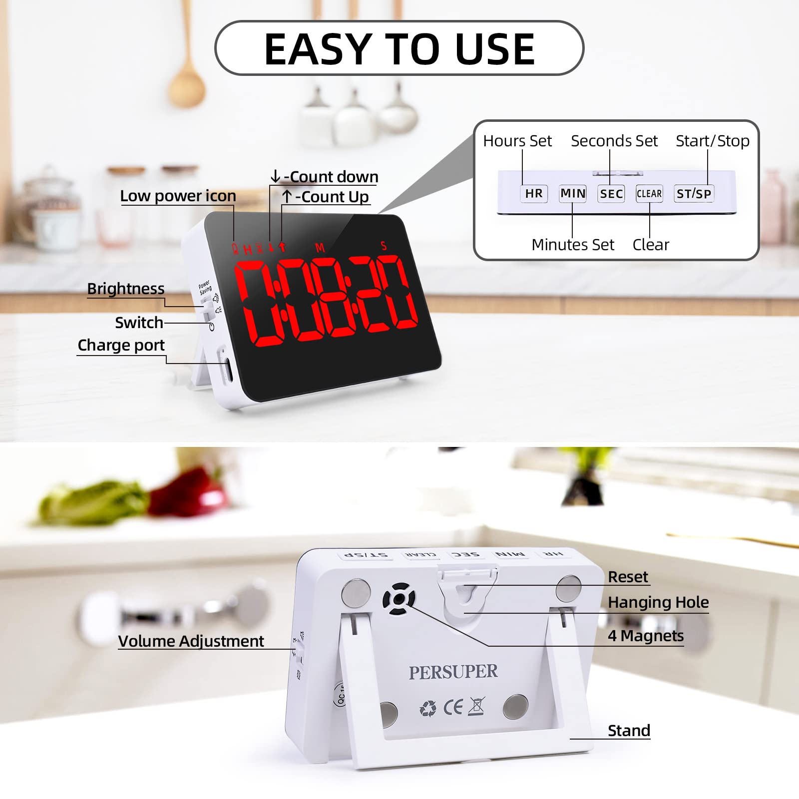 PERSUPER digital timer during cooking demonstrates clear countdown and alert options.