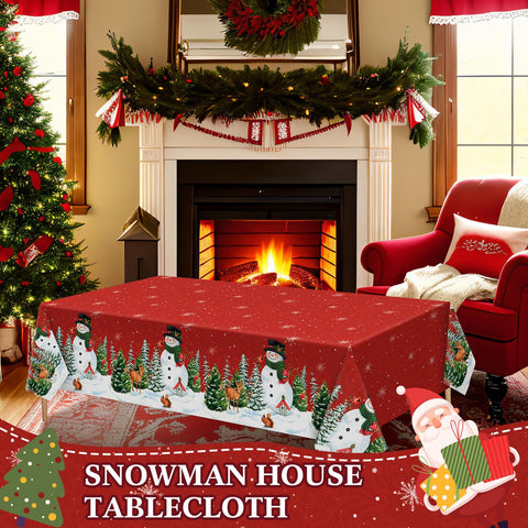 Peryiter family dining setup featuring snowman motif tablecloth