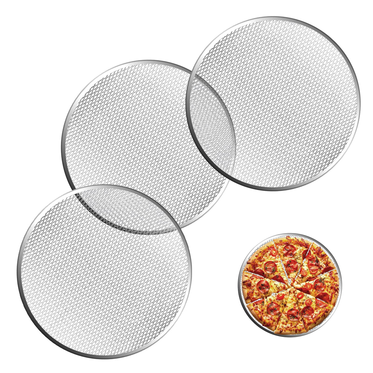 Pesilo 3-piece pizza screen set with seamless rim for even baking