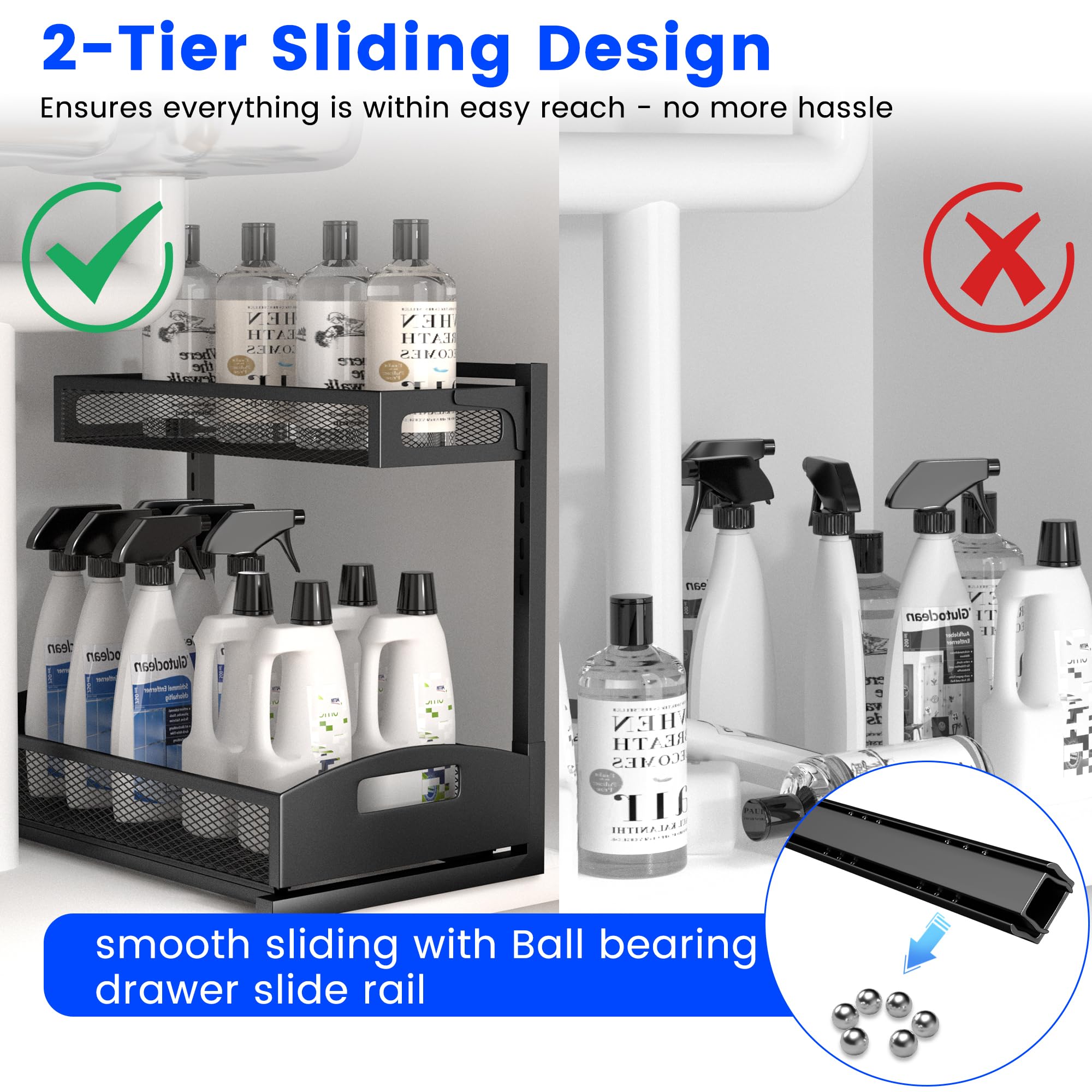 Petiza under sink organizer 2-pack adjustable height, adapts to cabinet heights.