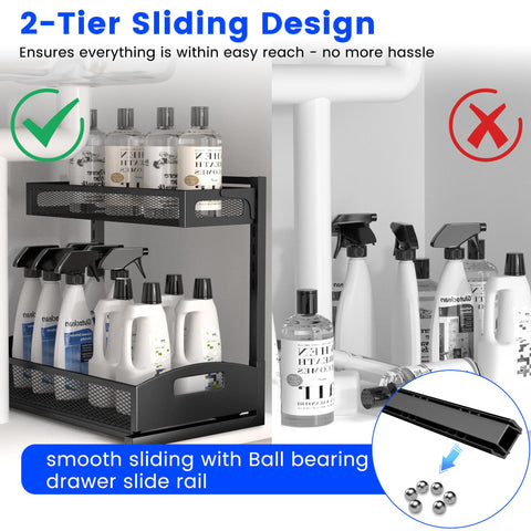 Petiza under sink organizer 2-pack adjustable height, adapts to cabinet heights.