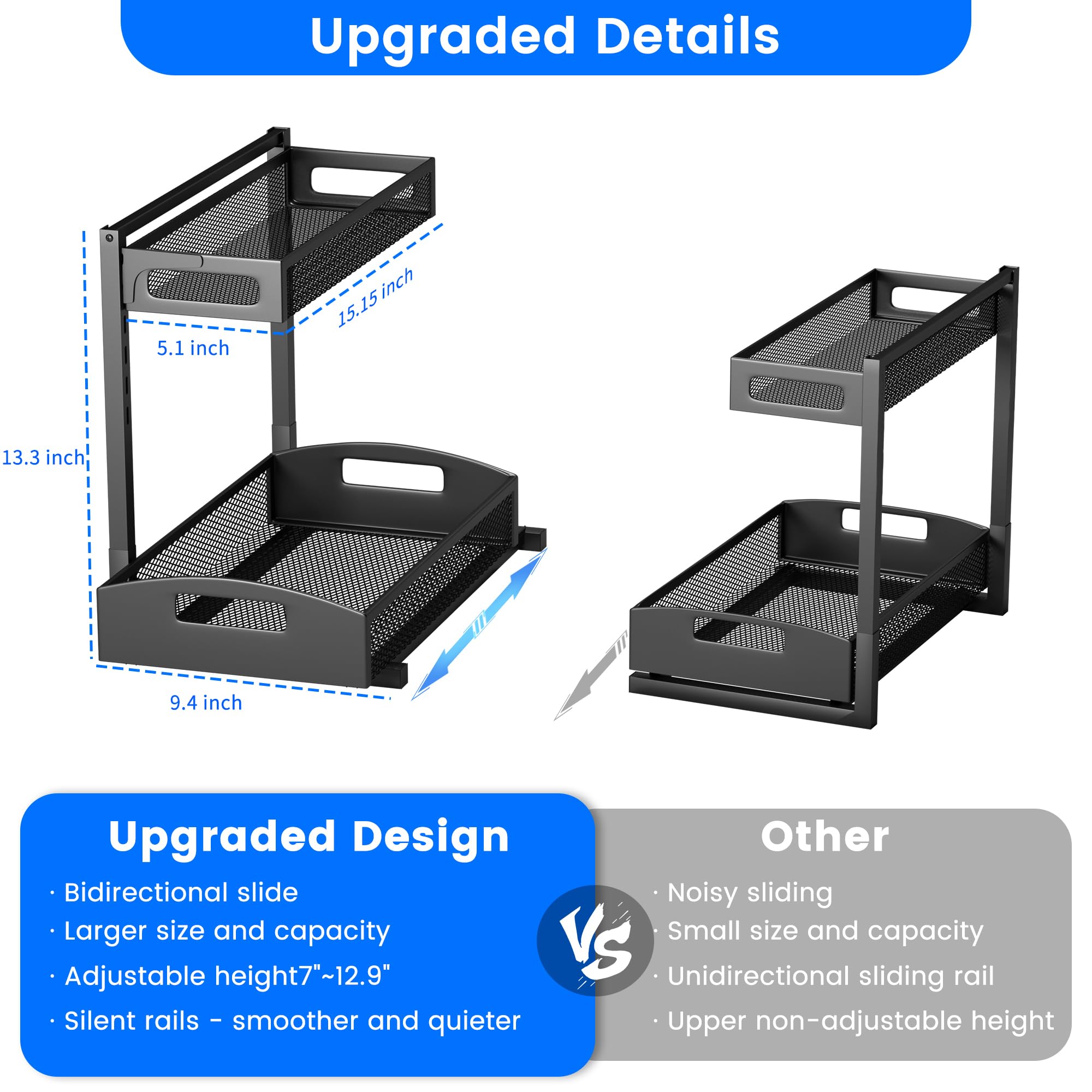 Petiza under sink organizer 2-pack side view, fits around pipes for tidy storage.