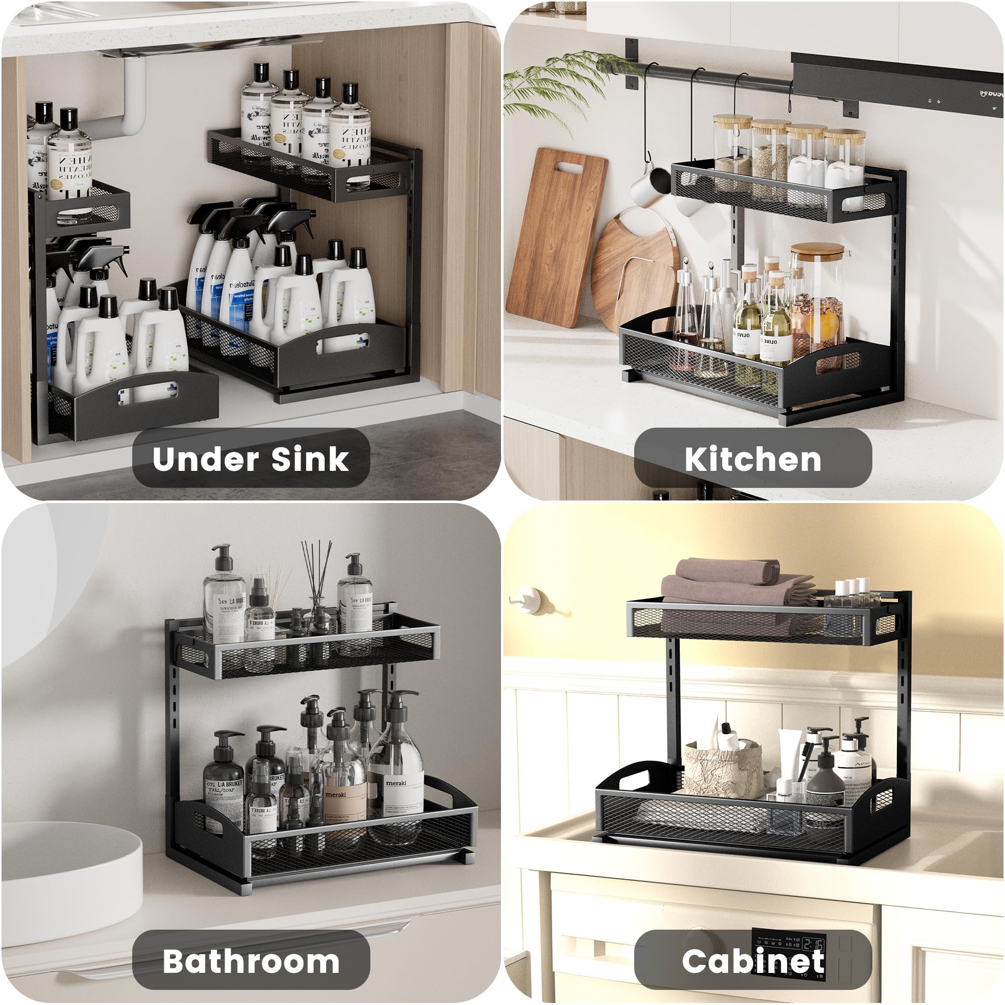 Petiza under sink organizer 2-pack two-tier drawer, easy retrieval of items.