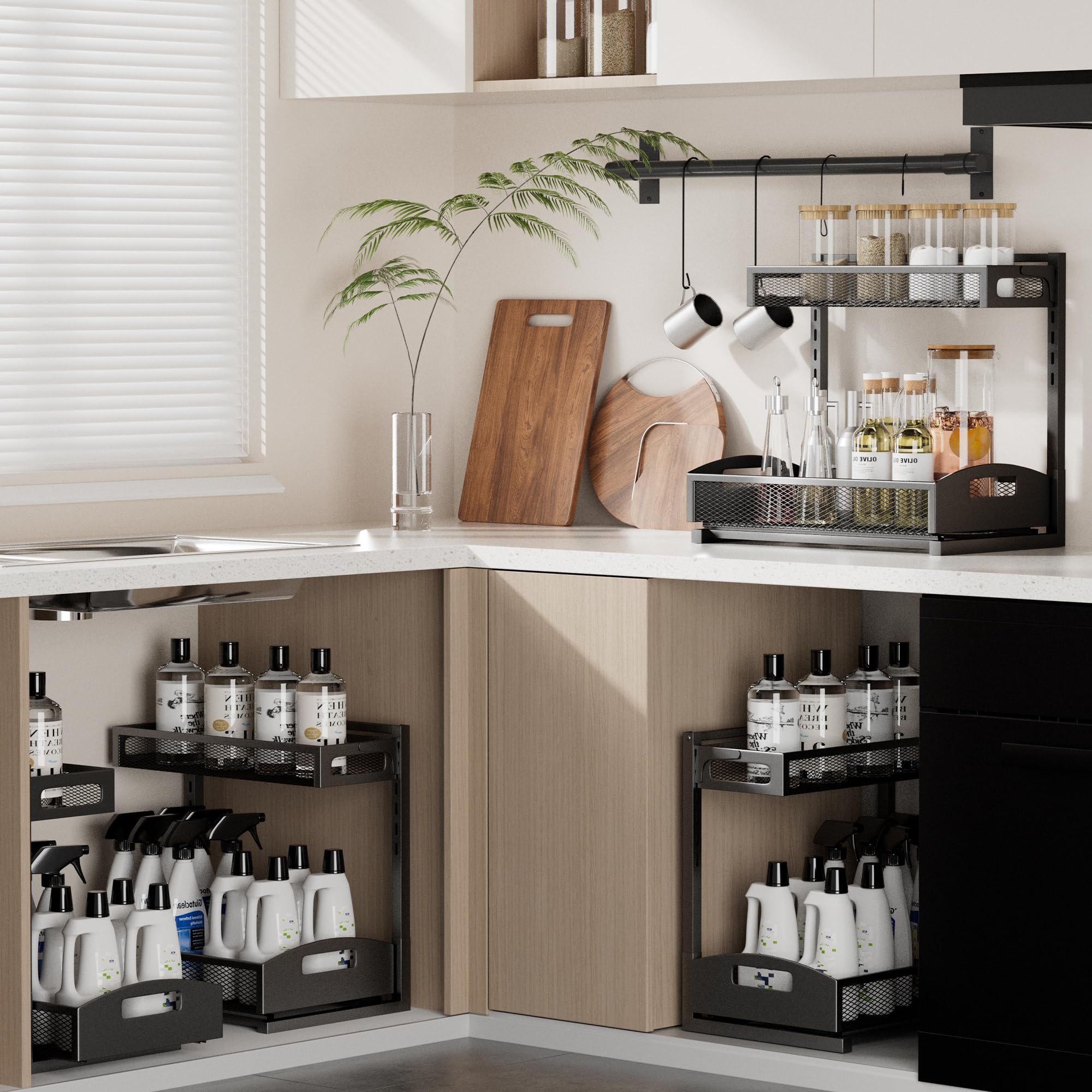 Petiza under sink organizer 2-pack waterproof surface, easy cleaning.
